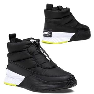 Sorel Out and About Puffy Black and White Winter Boots